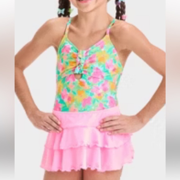 Cat & Jack Splash Vibrant Floral Swimsuit with Pink and Yellow Kids Size 6/7 - Picture 1 of 7